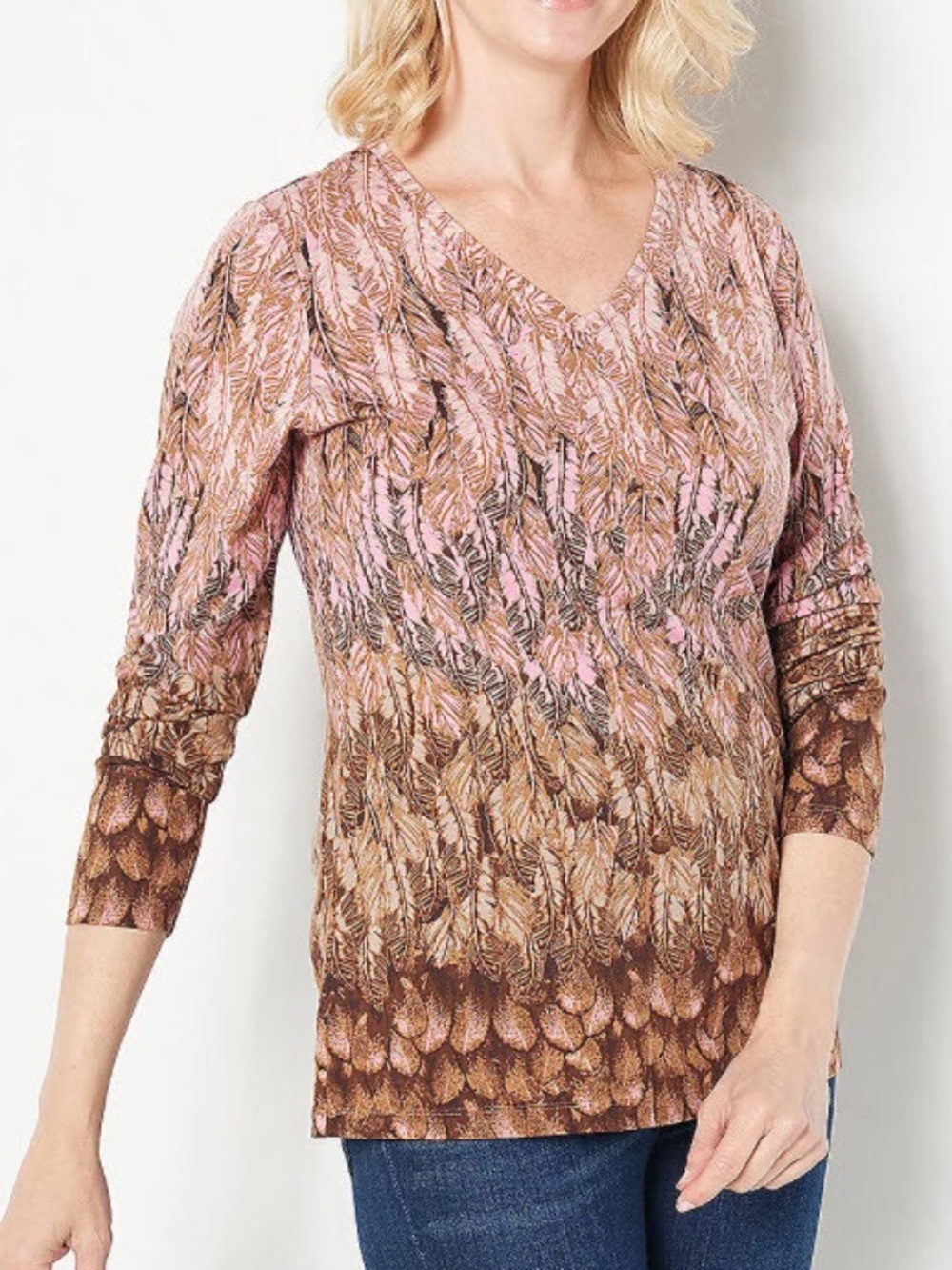 Studio By Denim & Co. Women M Stretch Feather Print Long Sleeve V- Neck Top